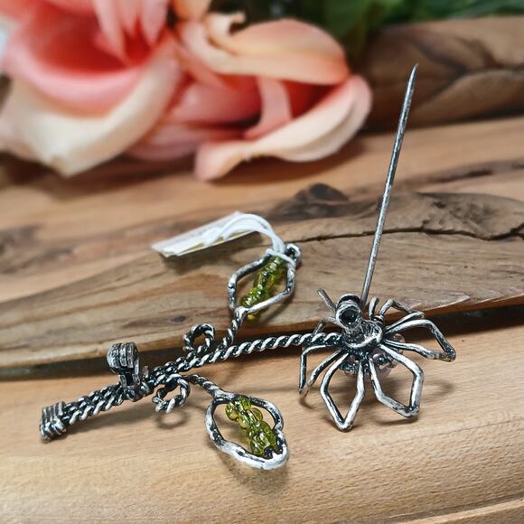 Lia Sophia Silver Tone Wire Flower Pin Brooch Pink Green Bead w/Orig Tag 90s Y2K - Picture 4 of 7